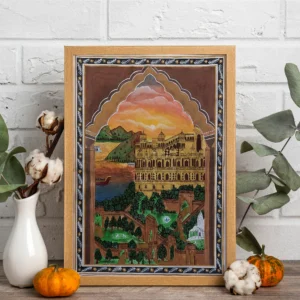 A Majestic Sunset Over the Palace Garden - Rajasthani Miniature Painting