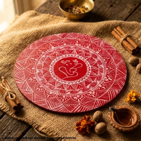 Hand-painted Aipan art on MDF board featuring Lord Ganesha in a circular red and white mandala design, traditional Indian folk art (30x30 cm)