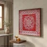 Hand-painted red and white Aipan art on canvas cloth featuring geometric checkerboard pattern and floral border design