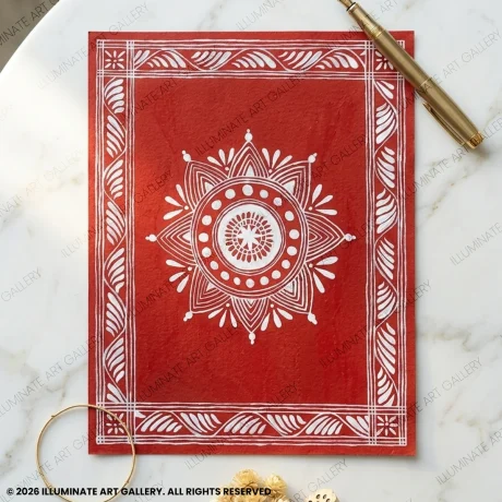 Minimal handmade Aipan mandala art painting in red and white on canvas cloth featuring traditional Indian folk design