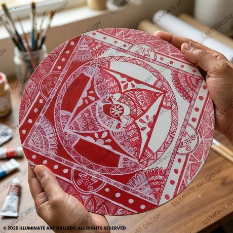 Hand-painted geometric Aipan mandala on MDF board with red and white triangular sacred pattern, traditional Uttarakhand folk art (30x30 cm)