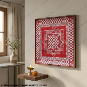 Hand-painted red and white Aipan art on canvas cloth featuring geometric checkerboard pattern and floral border design