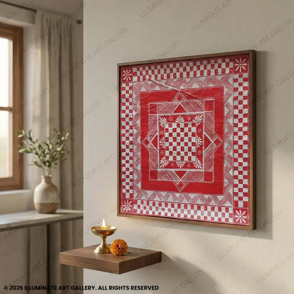 Hand-painted red and white Aipan art on canvas cloth featuring geometric checkerboard pattern and floral border design