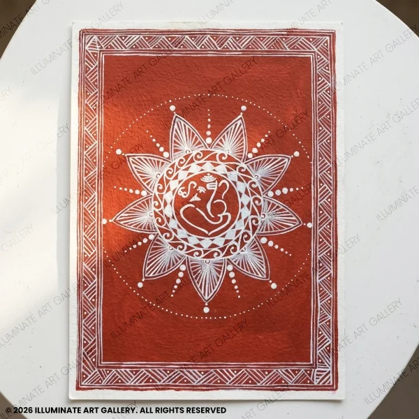 Handmade red and white Aipan painting featuring Lord Ganesha with traditional floral mandala design