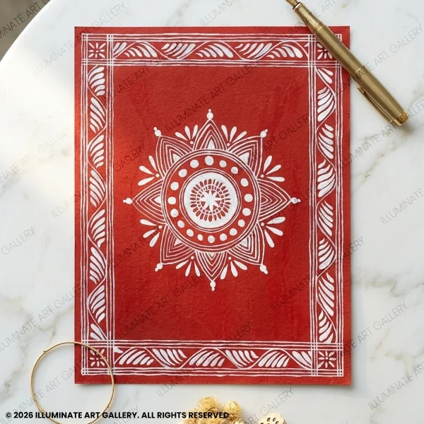 Minimal handmade Aipan mandala art painting in red and white on canvas cloth featuring traditional Indian folk design