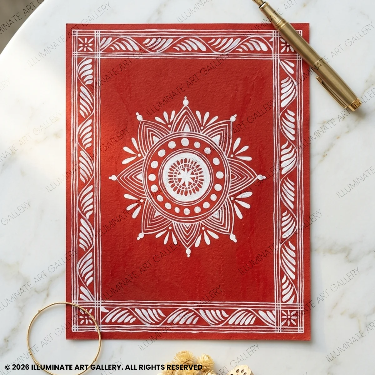 Minimal handmade Aipan mandala art painting in red and white on canvas cloth featuring traditional Indian folk design