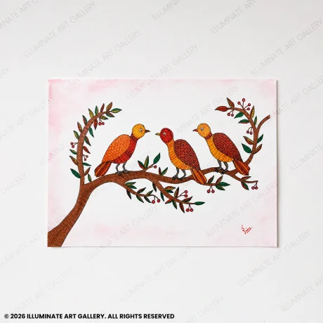 Harmony in Bloom original handmade Gond art painting featuring three birds on flowering branches.