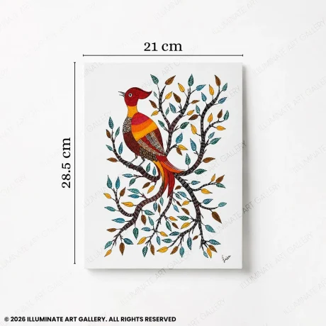 Close-up of intricate Gond patterns on the bird in Quiet Perch.
