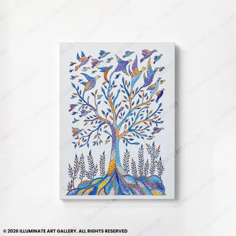 Life Beneath the Canopy original handmade Gond art painting featuring birds resting within a flourishing tree.