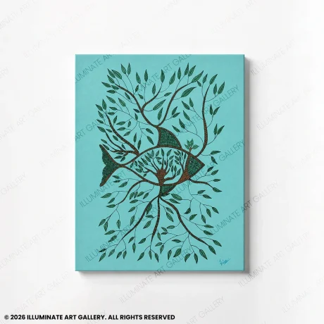 Where Waters Take Root original handmade Gond art painting featuring fish and flourishing aquatic vegetation.
