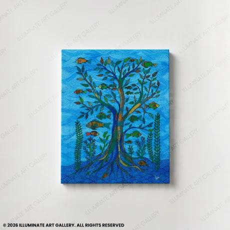 Echoes of the Deep original handmade Gond art painting featuring fish and flourishing tree forms.