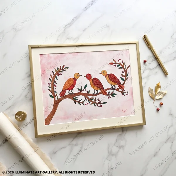 Detailed view of the birds and decorative Gond motifs in Harmony in Bloom.