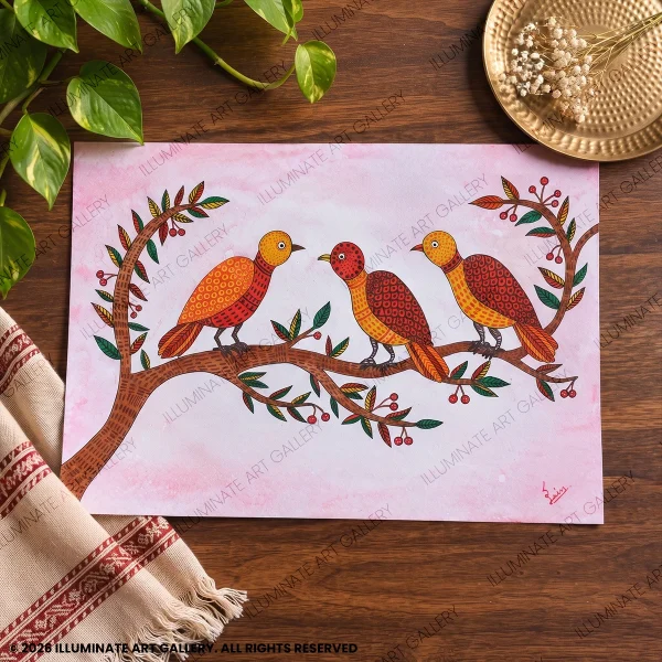 Harmony in Bloom original Gond painting displayed in a modern living room.