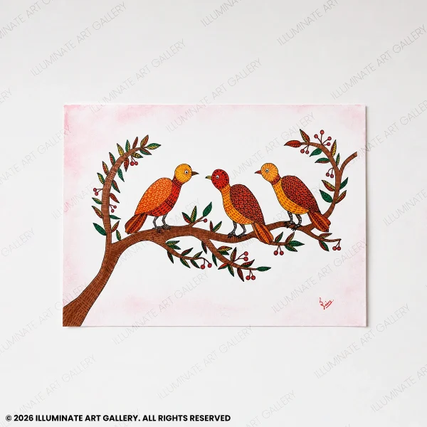 Harmony in Bloom original handmade Gond art painting featuring three birds on flowering branches.