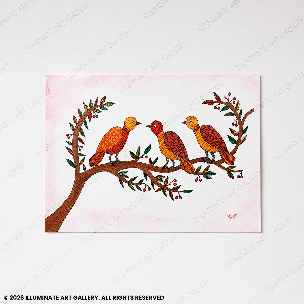 Harmony in Bloom original handmade Gond art painting featuring three birds on flowering branches.