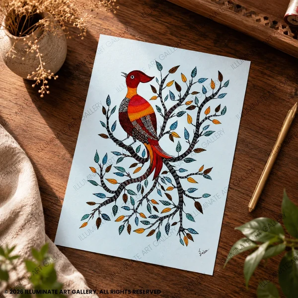Detailed view of hand-painted branches and decorative Gond motifs in Quiet Perch.