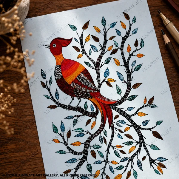 Close-up of traditional Gond detailing created with poster colours, fine liners, and sketch pens.