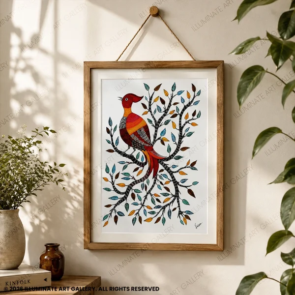 Quiet Perch original Gond painting displayed in a modern living room.