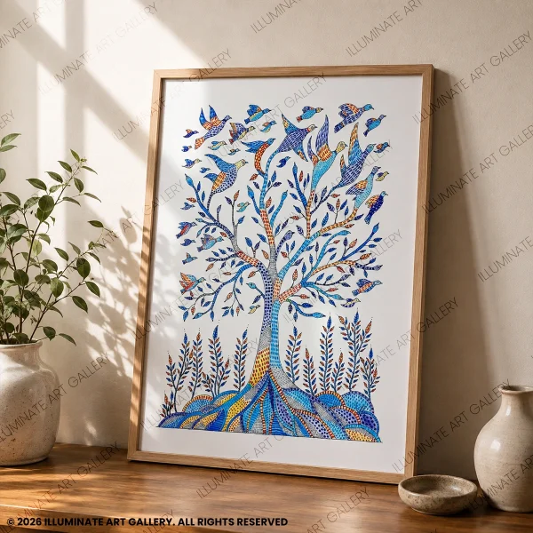Detailed view of the tree branches and traditional Gond motifs.