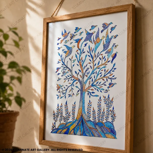 Close-up of hand-crafted Gond detailing created with pencil colours, fine liners, and sketch pens.