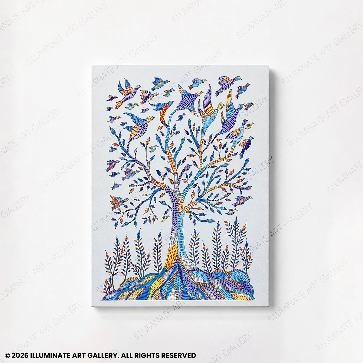 Life Beneath the Canopy original handmade Gond art painting featuring birds resting within a flourishing tree.