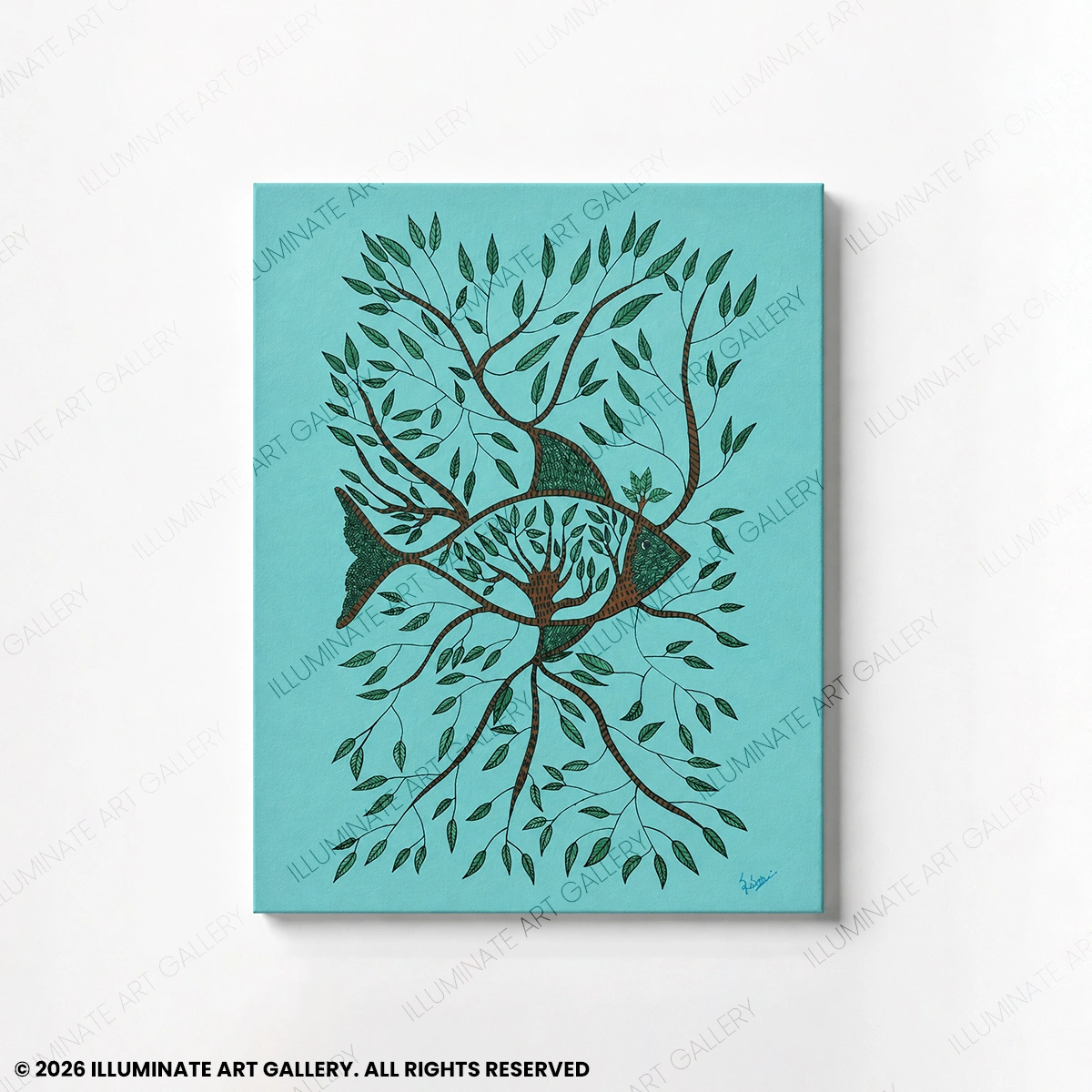 Where Waters Take Root original handmade Gond art painting featuring fish and flourishing aquatic vegetation.