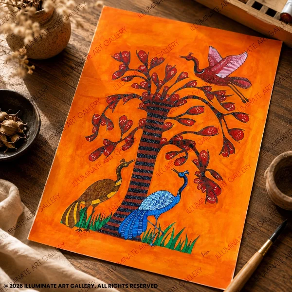 Detailed view of flourishing branches and traditional Gond motifs.