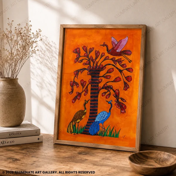 Close-up of hand-painted Gond detailing created with poster colours, fine liners, and sketch pens.