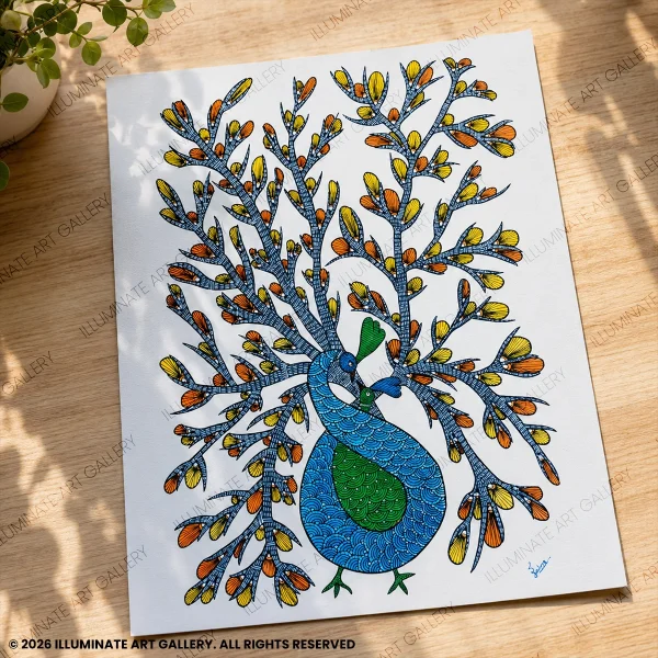 Detailed view of flourishing branches and traditional Gond motifs.