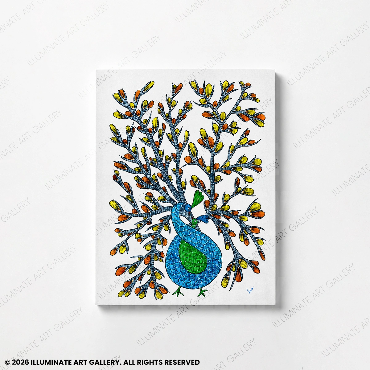 Grace Among Branches original handmade Gond art painting featuring elegant peacocks among flourishing tree branches.