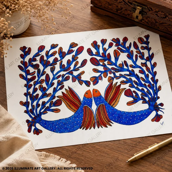Detailed view of underwater plants and traditional Gond motifs.