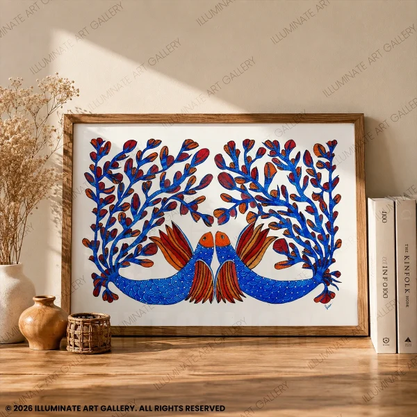 Close-up of hand-painted Gond detailing created with poster colours, fine liners, and sketch pens.