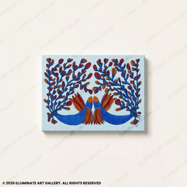 Rhythm in Reflection original handmade Gond art painting featuring fish and underwater plant life.