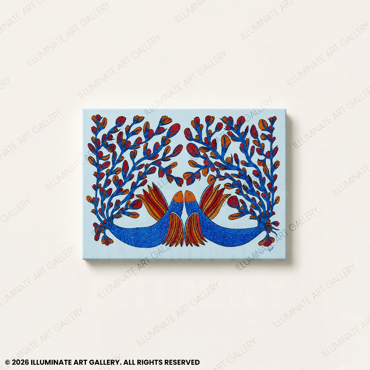 Rhythm in Reflection original handmade Gond art painting featuring fish and underwater plant life.