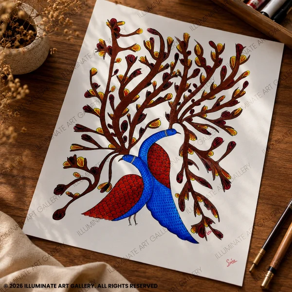 Detailed view of flourishing branches and traditional Gond motifs.