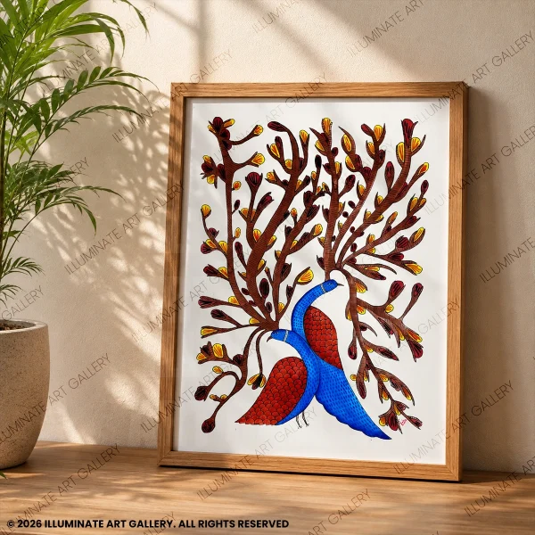 Close-up of hand-painted Gond detailing created with poster colours, fine liners, and sketch pens.