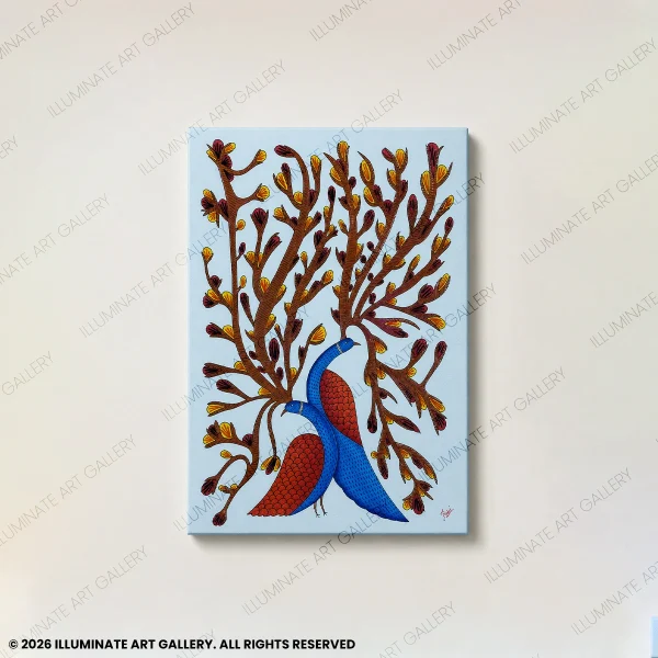 Quiet Companions original handmade Gond art painting featuring two birds beneath flourishing branches.