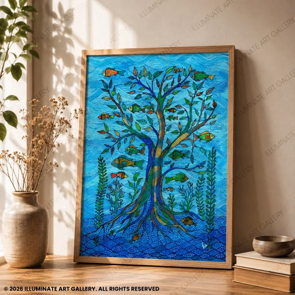 Detailed view of flourishing tree branches and traditional Gond motifs.