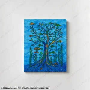 Echoes of the Deep original handmade Gond art painting featuring fish and flourishing tree forms.